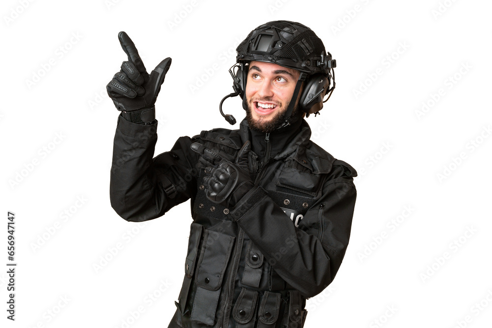 SWAT over isolated chroma key background pointing with the index finger a great idea