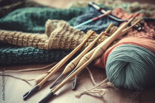 An array of knitting needles and a crochet hook with an unfinished scarf being crafted. Generative AI photo
