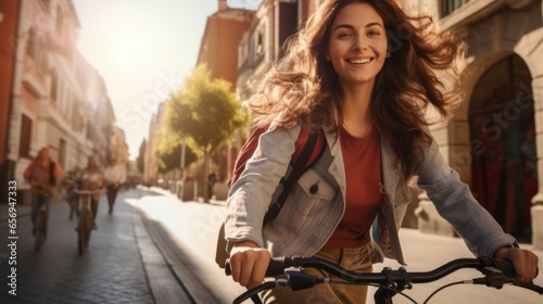 Tourist young woman cycling down the street, Active urban travel cycling concept. © Oulaphone