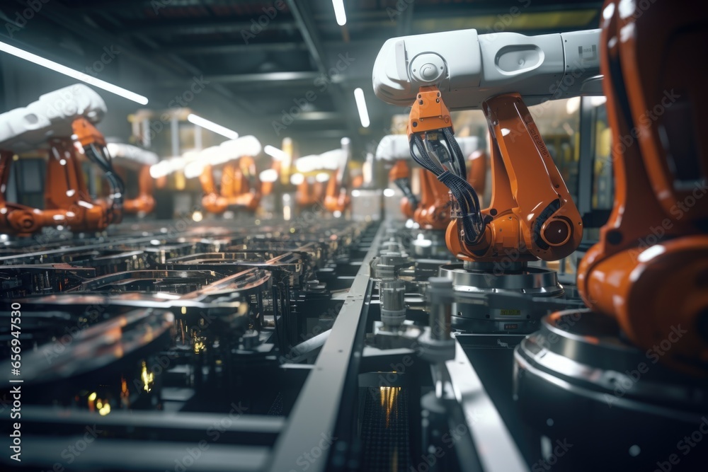 A group of robots moving along a conveyor belt. This image can be used to depict automation, manufacturing, or robotics industries. A group of robots moving along a conveyor belt. This image can be used to depict automation, manufacturing, or robotics industries.