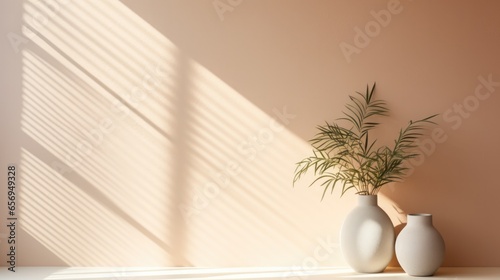 Gentle light beige background for product presentation with light and and shadow from the window