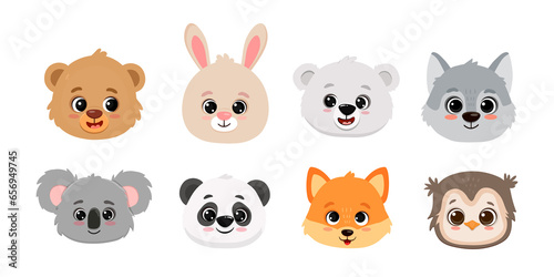 Cute cartoon animals. Panda, fox, bear, koala, rabbit, bunny, owl, polar bear, wolf. Animal heads and faces.