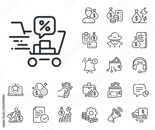 Sale offer sign. Cash money, loan and mortgage outline icons. Discounts cart line icon. Promotion price symbol. Discounts cart line sign. Credit card, crypto wallet icon. Inflation, job salary. Vector