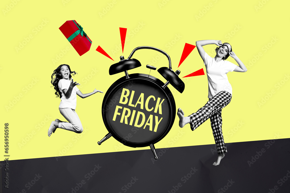 Banner collage poster of happy cheerful two people awake big alarm clock celebrate low price super black friday sale