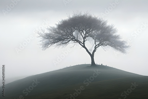 A solitary tree standing tall on a mist-covered hill  its branches reaching for the sky. Convey a sense of resilience and solitude