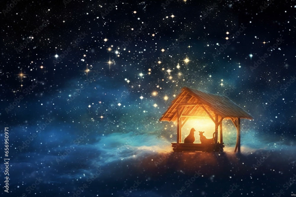 Nativity scene depicting the birth of Jesus with a manger in a snowy ...