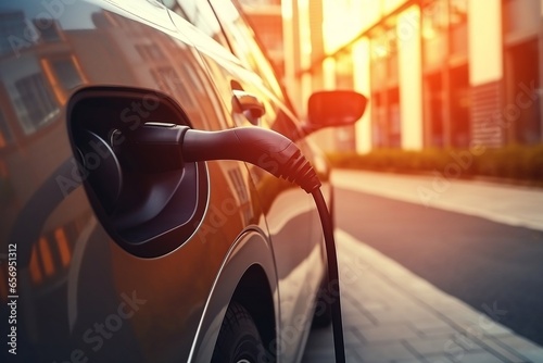 Close-up of an electric car connected to a charger.