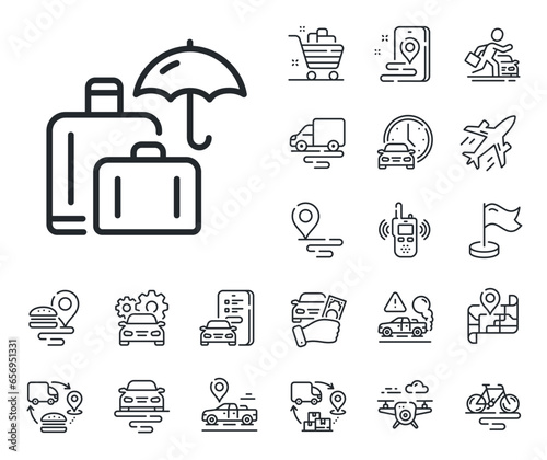 Suitcase bag sign. Plane, supply chain and place location outline icons. Luggage insurance line icon. Baggage protect symbol. Luggage insurance line sign. Taxi transport, rent a bike icon. Vector