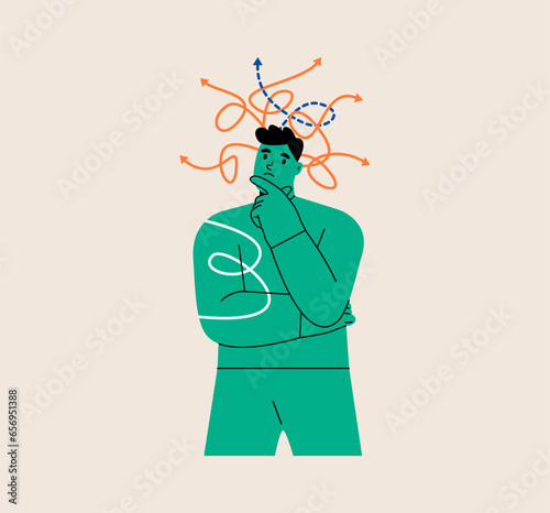 Men trying to make choice between different ways to solve problem. Person looking for best solution to problem. Uncertainty concept. Colorful vector illustration