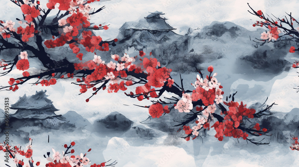 Sakura and red pink blossom branch seamless pattern japanese style wallpaper background