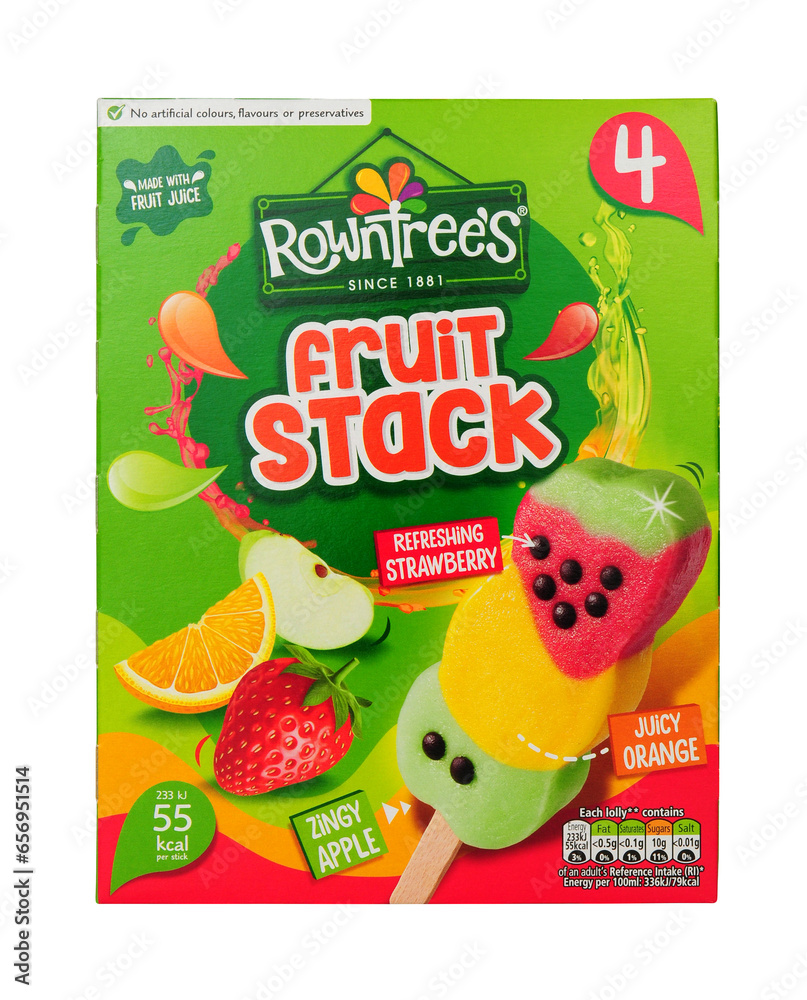 Rowntrees fruit stack lollies, apple, orange and strawberry fruit juice