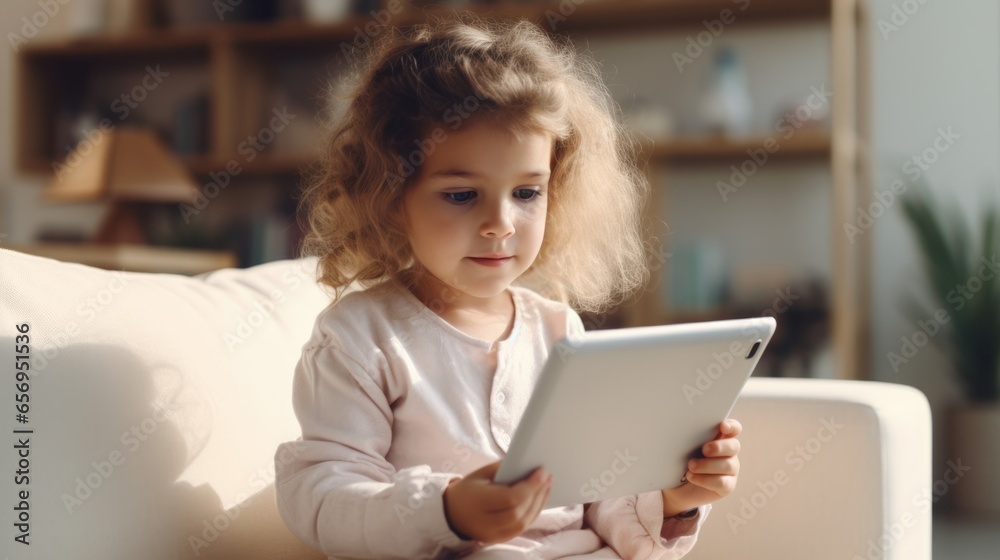 Toddler girl playing tablet on couch at home, Child and electronic devices concept. Toddler girl playing tablet on couch at home, Child and electronic devices concept.