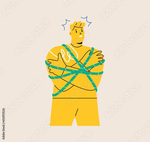 Man tied with rope. kidnapping concept. Colorful vector illustration