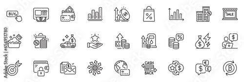 Icons pack as Cashback card, Target and Cash transit line icons for app include Graph chart, Wallet, Atm outline thin icon web set. Buy button, Money tax, Fuel price pictogram. Money. Vector