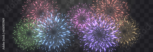 Vector festive fireworks isolated on png. New Year's Eve fireworks with brightly shining sparks. Realistic sparks and explosions. Colorful pyrotechnics show. Vector isolated on png background.