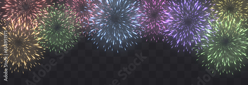 Vector festive fireworks isolated on png. New Year's Eve fireworks with brightly shining sparks. Realistic sparks and explosions. Colorful pyrotechnics show. Vector isolated on png background.