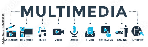 Multimedia banner web icon vector illustration concept with icon of animation, computer, music, video, audio, e-mail, streaming, gaming and internet