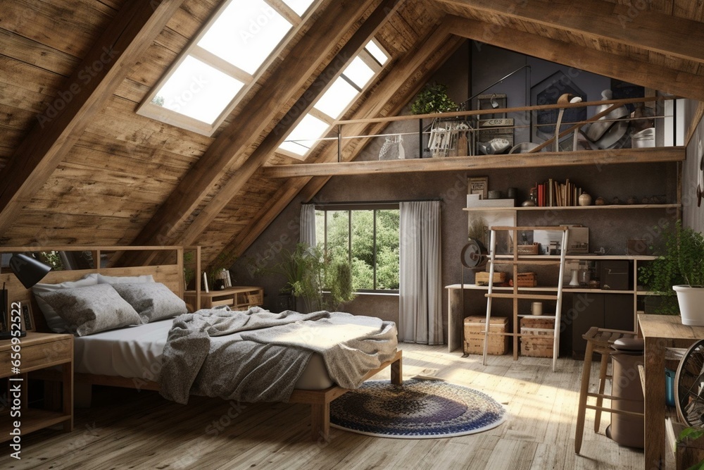 Bedroom with pallet furniture and truss loft - 3D visualization. Generative AI Bedroom with pallet furniture and truss loft - 3D visualization. Generative AI