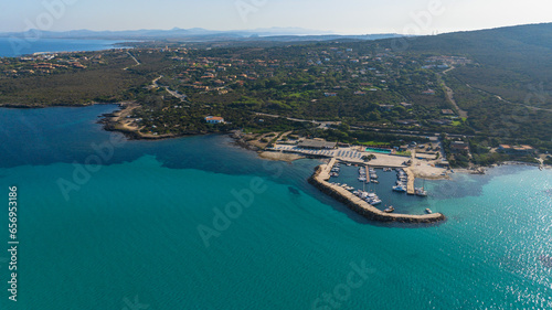 Aerial photo of the marina near La Pelosa beach in the north-west of Sardinia, Italy.