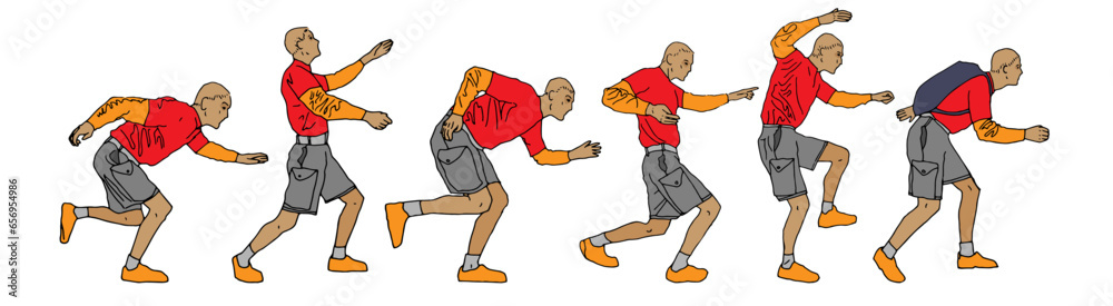 The guy runs, sneaking. A set of line hand drawn man figures. Vector flat illustration.