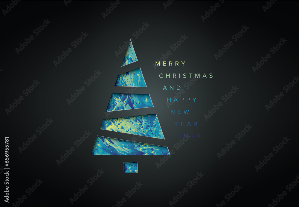 Minimalistic Dark Christmas card with colorful christmas tree cut from ...