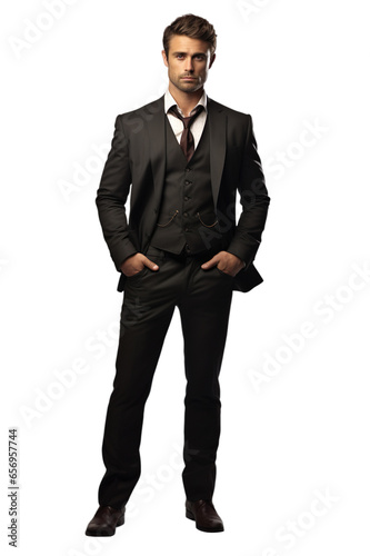 Full length stylish young man in black formal suite isolated on transparent background. © PixelXpert