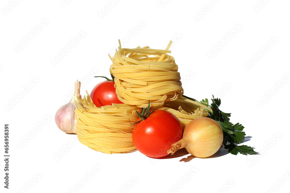 Three spaghetti in the form of a nest with vegetables lie on a white background. Three spaghetti in the form of a nest with vegetables lie on a white background.