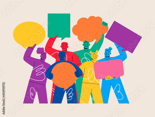 Group of people are standing holding speech balloons. Colorful vector illustration