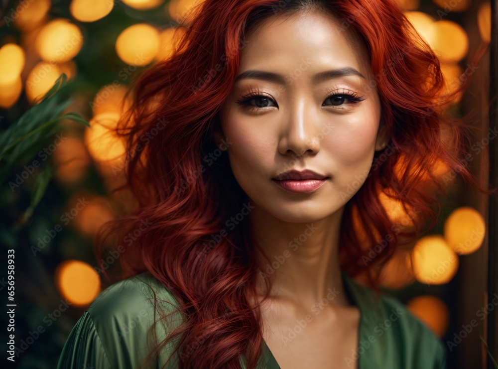 Japanese beautiful redhead woman portrait with smooth health skin face for advertising design. Fit asian beautiful aging young looking woman, generative Ai.