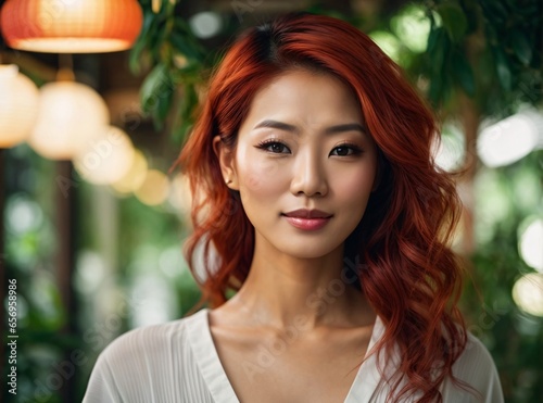 Japanese beautiful redhead woman portrait with smooth health skin face for advertising design. Fit asian beautiful aging young looking woman, generative Ai.