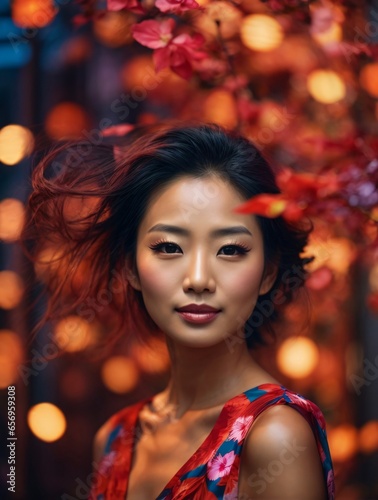 Japanese beautiful woman portrait with smooth health skin face for advertising design. Fit asian beautiful aging young looking woman. Generative Ai. © kapros76
