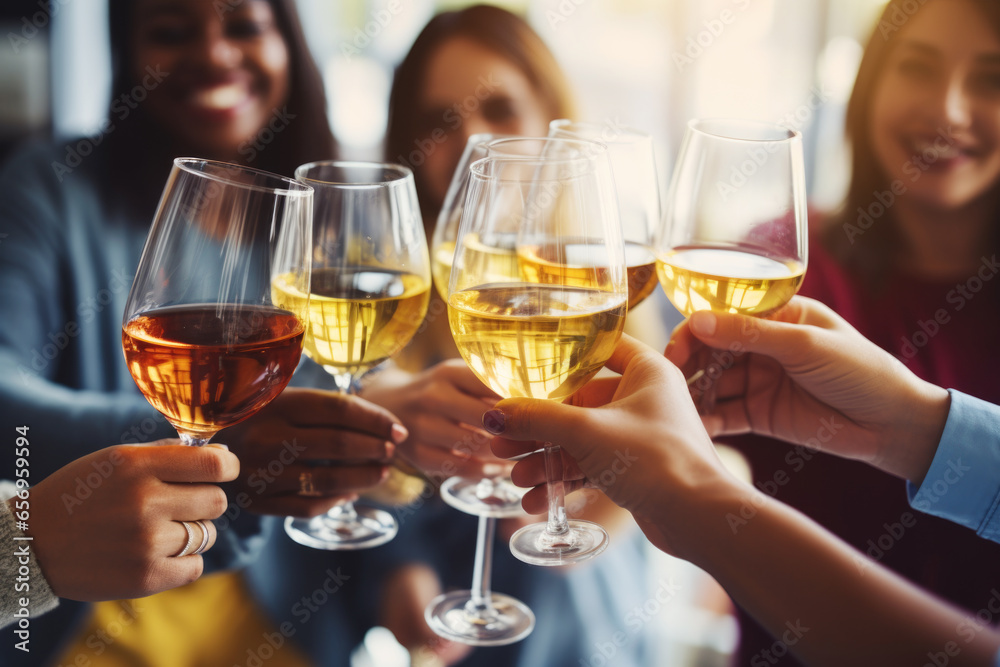 Group of friends toasting with wine glasses at a festive lunch party Group of friends toasting with wine glasses at a festive lunch party