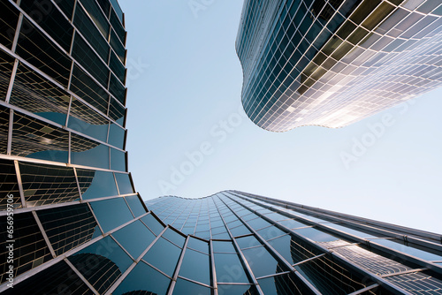 Spain, Catalonia, Barcelona, Directly below view of modern glass skyscraper photo