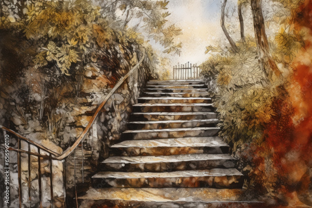 A staircase leading to a gate, capturing the beauty of architecture and the sense of mystery and wonder it evokes A staircase leading to a gate, capturing the beauty of architecture and the sense of mystery and wonder it evokes