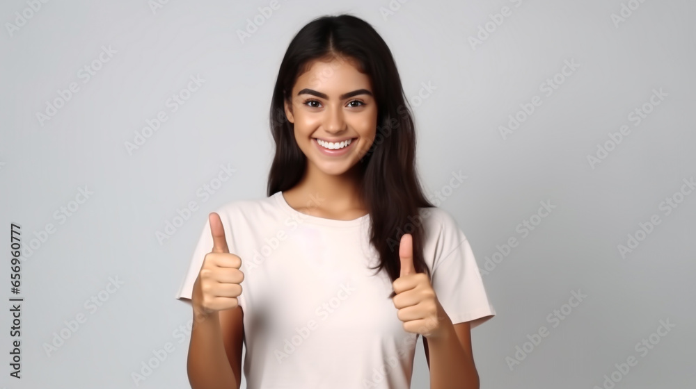 A girl in casual clothes shows thumbs up with both hands and smiles cutely on an isolated background A girl in casual clothes shows thumbs up with both hands and smiles cutely on an isolated background