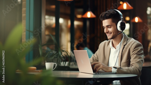 A happy trendy young businessman in smart causal is sitting in Cafe with headphones and working on a laptop 