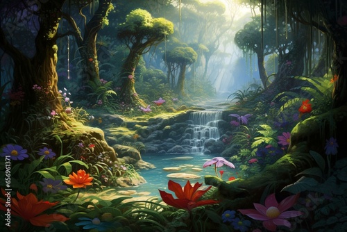 A mesmerizing jungle scenery that combines the artistry of cartoons and oil painting, exuding tranquility. Generative AI © Anthony
