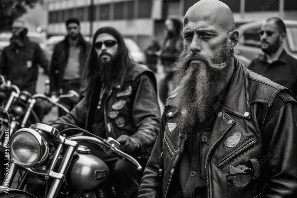 B&W biker gang in the street - obrazy, fototapety, plakaty 