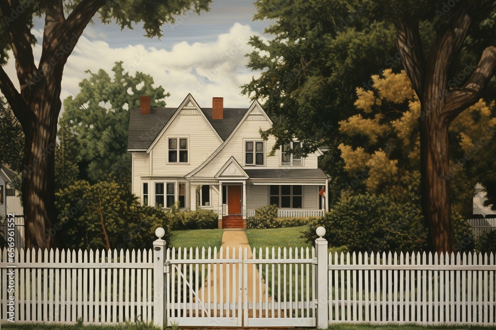 An artwork depicting a residence surrounded by a garden, fence, gate, and a background tree with a white picket fence and post. Generative AI