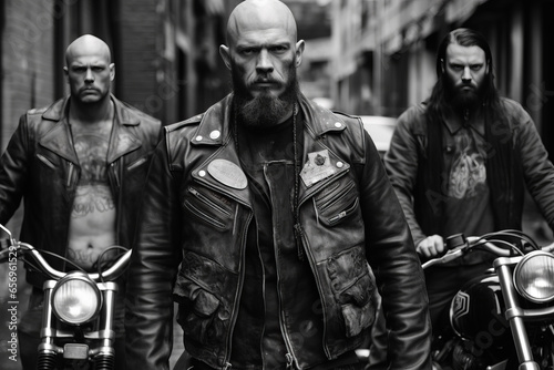 B&W biker gang in the street photo