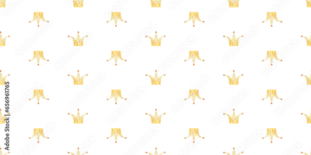 endless wrapping paper with golden crowns. Cute baby clipart. Illustration seamless pattern for childish design, print, nursery, background, wallart