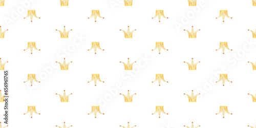 endless wrapping paper with golden crowns. Cute baby clipart. Illustration seamless pattern for childish design, print, nursery, background, wallart