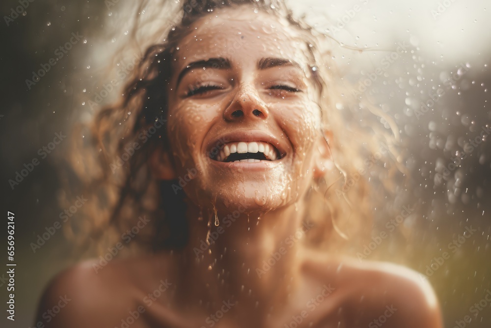 Woman feeling the rain on her face - Pure Human Emotion - AI Generated