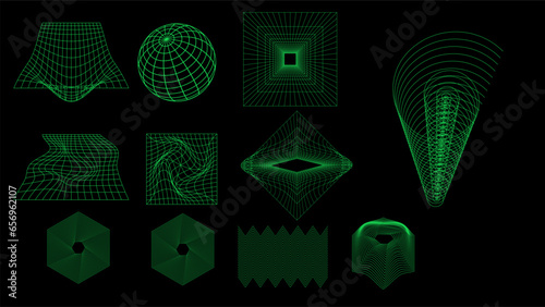 Set of Vector Y2K Wireframe elements. grid lines in green. wireframe 00s, 80s or 90s style. Retro cyberpunk style