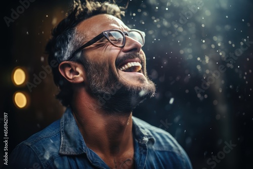 Man's face experiencing the joy of laughter - Raw Human Emotion - Close Up - AI Generated