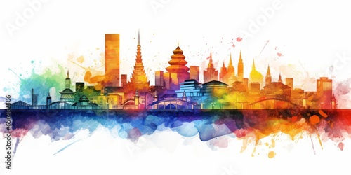 Rainbow Aquarelle Silhouette of Seoul's Iconic Cityscape, Featuring Gyeongbokgung Palace, Bukchon Hanok Village, and the Rich Culture of South Korea photo