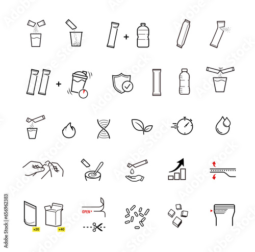 Icons of stick package bag set with samples, preparation instructions. Vector elements for infographics. Set of sign for detailed guideline. Ready for your design. EPS10.