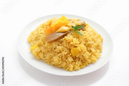 White background with curry rice. Generative AI