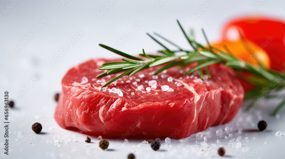 Raw meat with rosemary, salt and pepper on a gray background