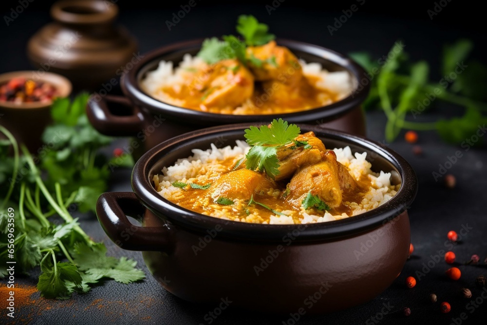 Chicken curry with rice served in traditional Indian pots. Generative AI - obrazy, fototapety, plakaty 